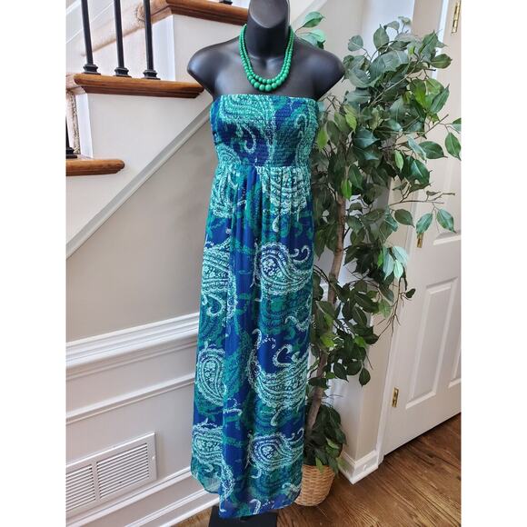 Old Navy Dresses & Skirts - Old Navy Women's Blue & Green Polyester Off The Shoulder Long Maxi Dress Size S